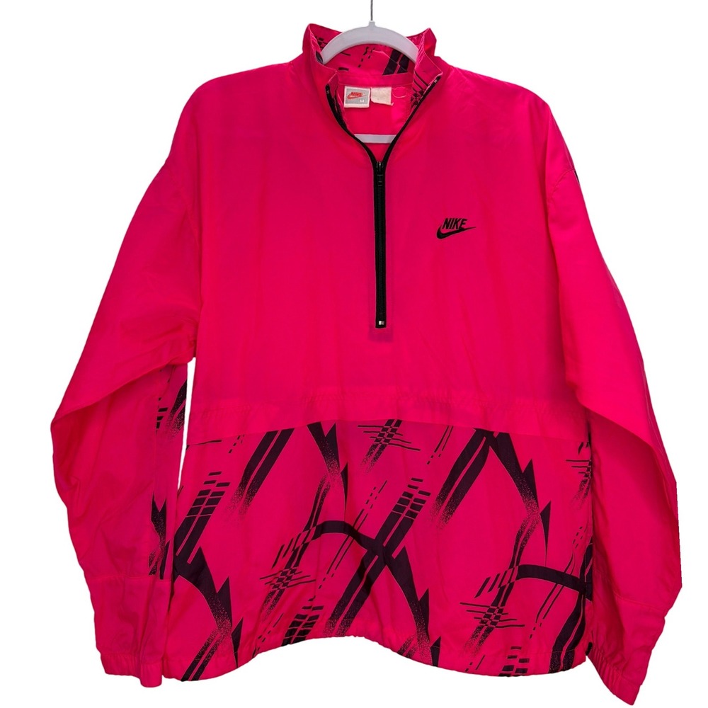 Vintage Nike Womens Half Zip Windbreaker Jacket Pink Black Geometric Print Med